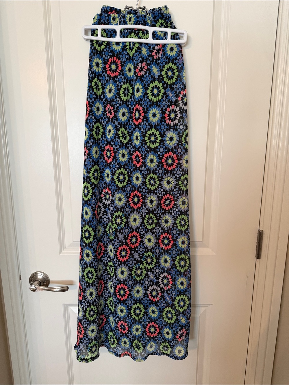 NY Collection Blue Maxi Skirt with Green and Pink Floral Geometric Print